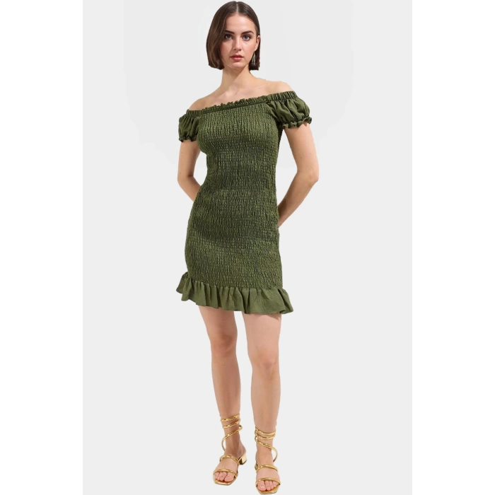 Şık Mini Elbise 85% Viskoz 15% Poliamid Kumaş Balon Kol Bodycon Kalıp Trend Tasarım