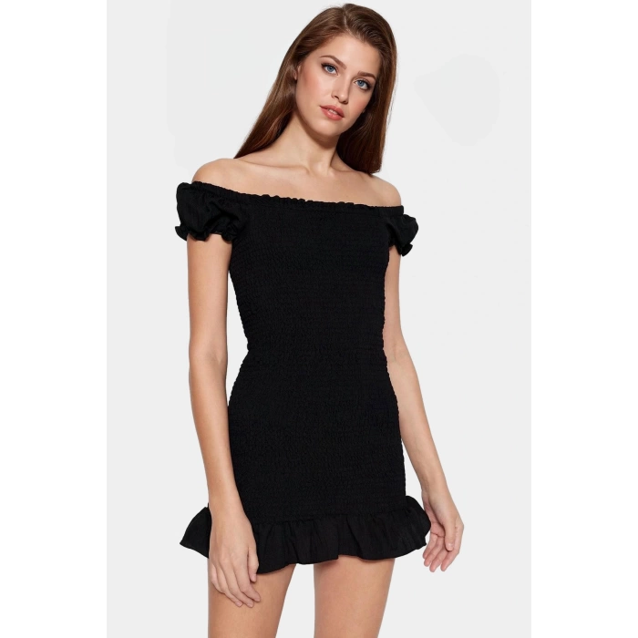 Şık Mini Elbise 85% Viskoz 15% Poliamid Kumaş Balon Kol Bodycon Kalıp Trend Tasarım
