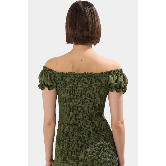 Şık Mini Elbise 85% Viskoz 15% Poliamid Kumaş Balon Kol Bodycon Kalıp Trend Tasarım