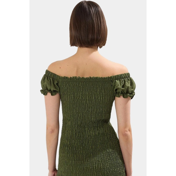 Şık Mini Elbise 85% Viskoz 15% Poliamid Kumaş Balon Kol Bodycon Kalıp Trend Tasarım