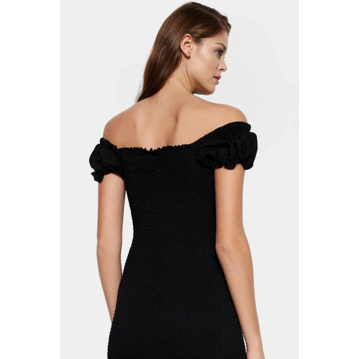 Şık Mini Elbise 85% Viskoz 15% Poliamid Kumaş Balon Kol Bodycon Kalıp Trend Tasarım