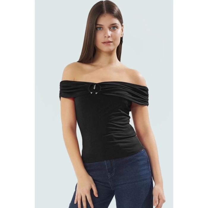 Şık Örme Bluz Carmen Yaka Fitted Kalıp Kısa Kol Yazlık Günlük Kullanım İçin Seçkin Malzeme
