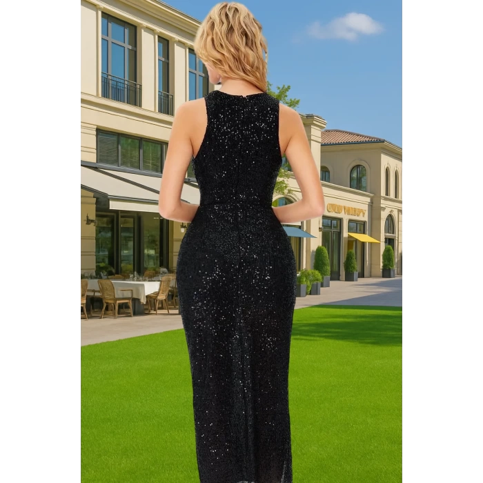 Şık Parıltılı Pullu Örme Abiye Elbise Halter Yaka Midi Boy Özel Tasarım Trend Tasarım Mükemmel Uyum
