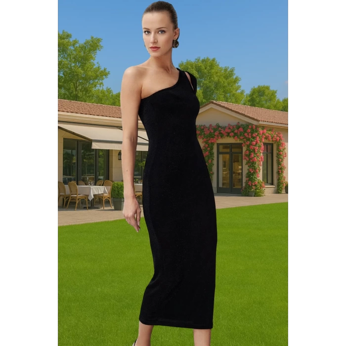 Şık Parıltılı Simli Bodycon Elbise Asimetrik Yaka Tasarım Modern Stil Şık Görünüm Modern Stil