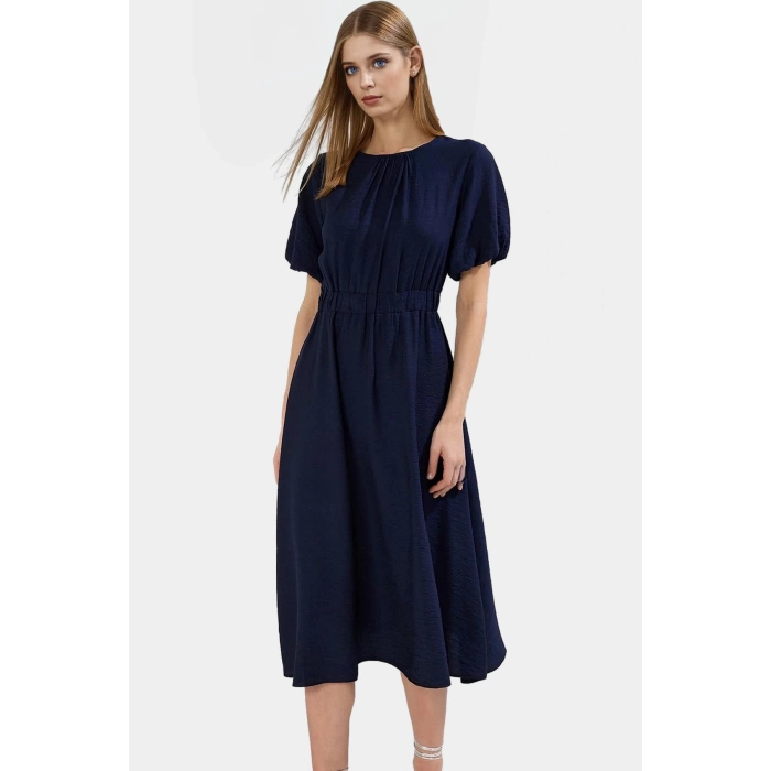 Şık Polyester Midi Elbise A Line Kesim Keten Görünümlü Dokuma Trend Tasarım