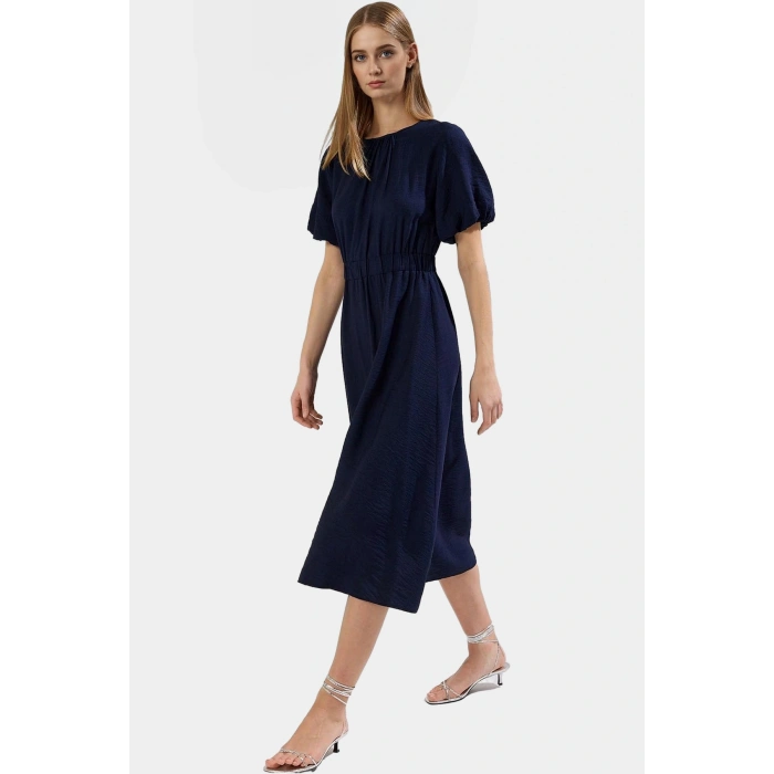 Şık Polyester Midi Elbise A Line Kesim Keten Görünümlü Dokuma Trend Tasarım