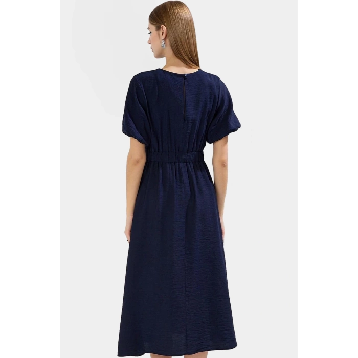 Şık Polyester Midi Elbise A Line Kesim Keten Görünümlü Dokuma Trend Tasarım