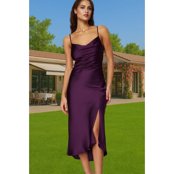 Şık Saten Midi Abiye Elbise Polyester Kumaştan Özel Tasarım Uzun Ömürlü Profesyonel Görünüm