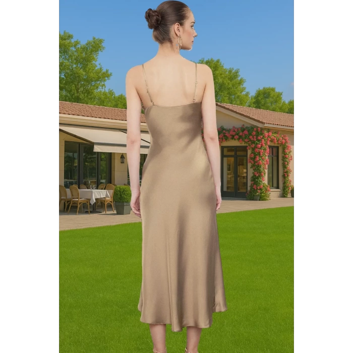Şık Saten Midi Abiye Elbise Polyester Kumaştan Özel Tasarım Uzun Ömürlü Profesyonel Görünüm