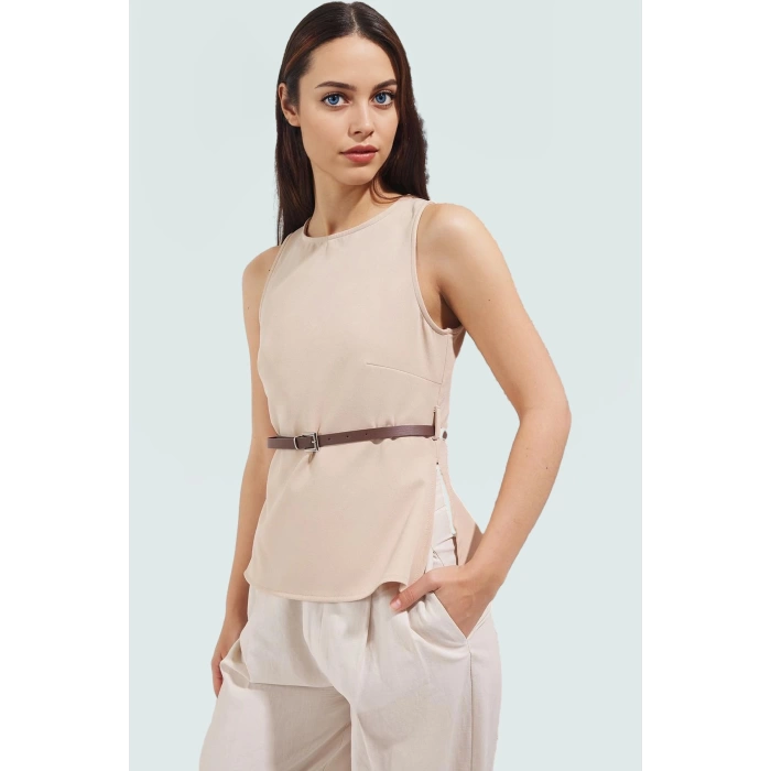 Şık Slim Fit Bluz Bisiklet Yaka Kemer Detay Finike Dokuma Zarifane Tasarım Konforlu Kesim