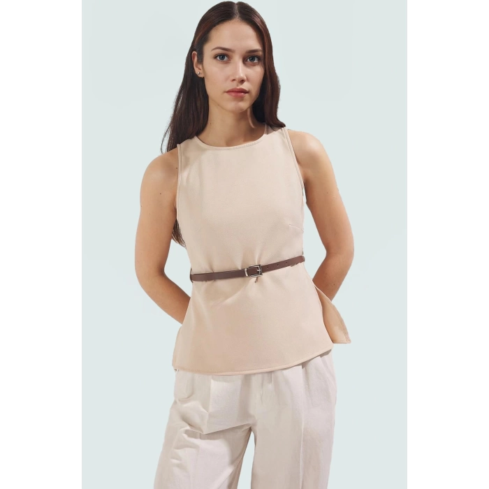 Şık Slim Fit Bluz Bisiklet Yaka Kemer Detay Finike Dokuma Zarifane Tasarım Konforlu Kesim