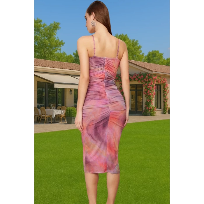 Şık Soyut Desenli Örme Midi Elbise Polyester Vücudu Saran Astarlı Dayanıklı Malzeme Rahat Kullanım