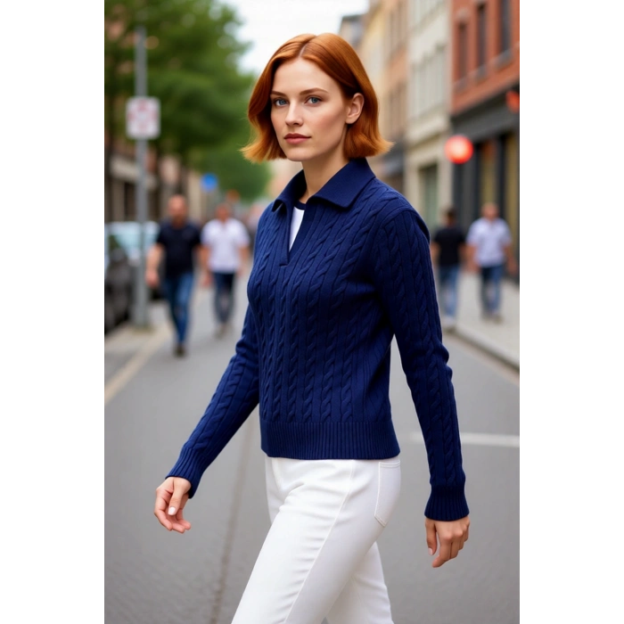 Şık Tasarım Kadın Regular Kalıp Saç Örgülü Polo Yaka Triko Kazak Günlük Giyim İçin İdeal Kaliteli