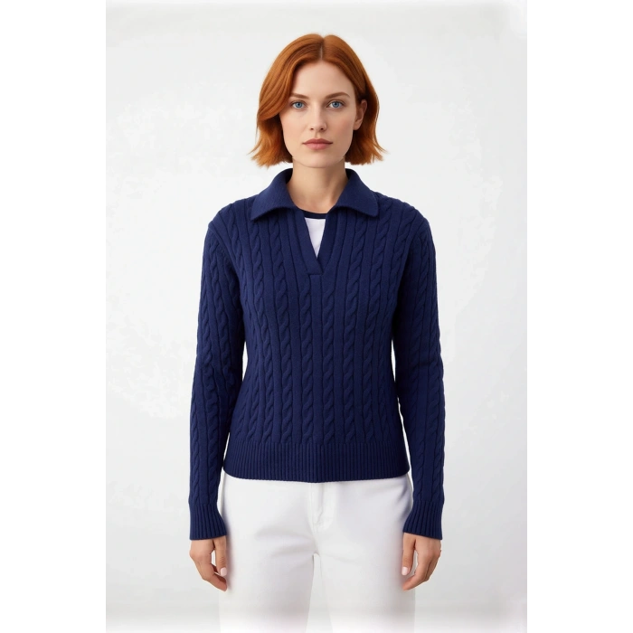 Şık Tasarım Kadın Regular Kalıp Saç Örgülü Polo Yaka Triko Kazak Günlük Giyim İçin İdeal Kaliteli