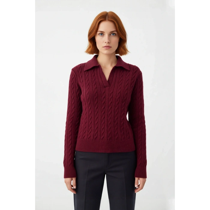 Şık Tasarım Kadın Regular Kalıp Saç Örgülü Polo Yaka Triko Kazak Günlük Giyim İçin İdeal Kaliteli