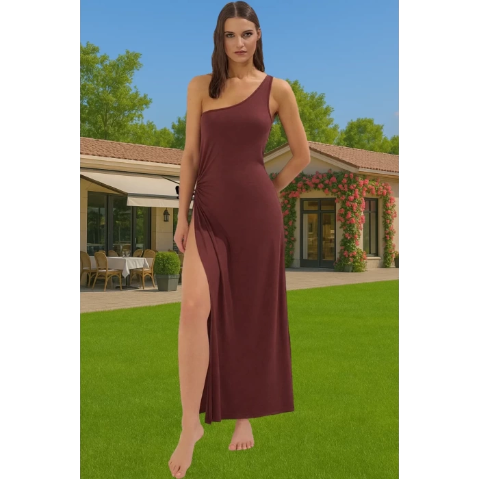 Şık Tek Omuz Maxi Elbise Yırtmaçlı Polyester Yazlık Trend Tasarım Profesyonel Görünüm Trend Tasarım