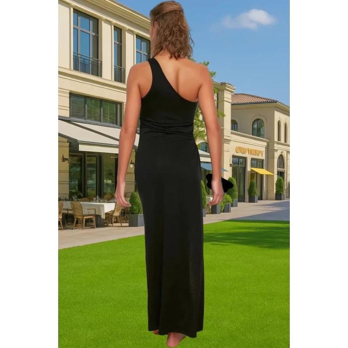 Şık Tek Omuz Maxi Elbise Yırtmaçlı Polyester Yazlık Trend Tasarım Profesyonel Görünüm Trend Tasarım