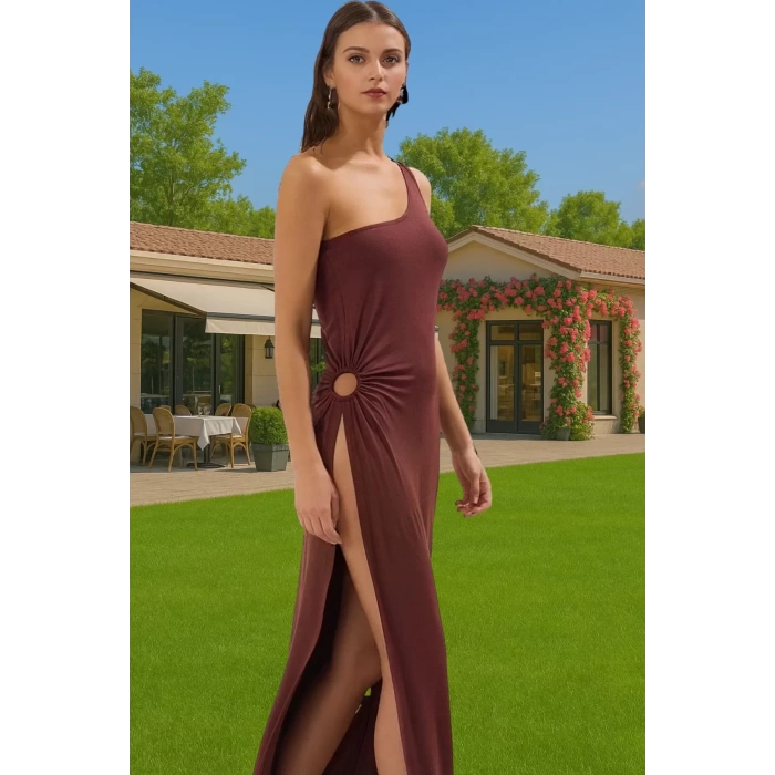 Şık Tek Omuz Maxi Elbise Yırtmaçlı Polyester Yazlık Trend Tasarım Profesyonel Görünüm Trend Tasarım