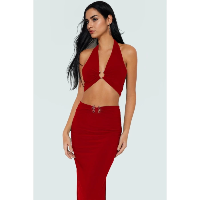 Şık V Yaka Fitted Örme Bluz Etek Plaj Takımı Görünüm Modern Stil Premium Kalite