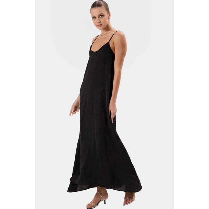 Şık V Yaka Kolsuz Maxi Elbise 130cm Boy Polyester Dokuma Rahat Seçkin Malzeme