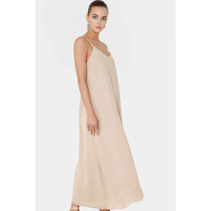 Şık V Yaka Kolsuz Maxi Elbise 130cm Boy Polyester Dokuma Rahat Seçkin Malzeme