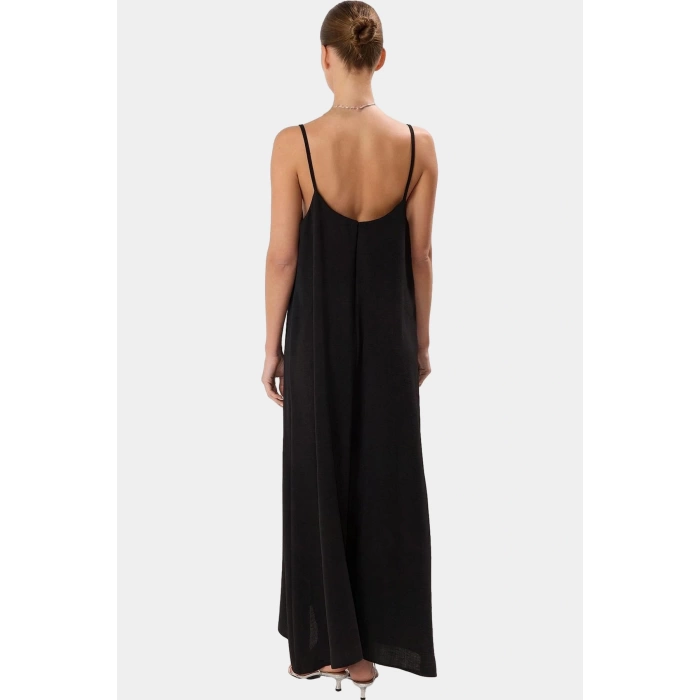 Şık V Yaka Kolsuz Maxi Elbise 130cm Boy Polyester Dokuma Rahat Seçkin Malzeme