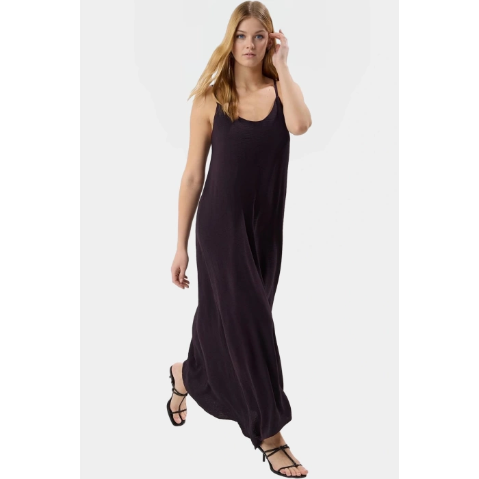 Şık V Yaka Kolsuz Maxi Elbise 130cm Boy Polyester Dokuma Rahat Seçkin Malzeme