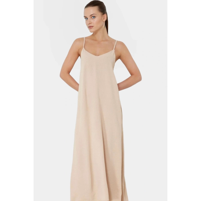 Şık V Yaka Kolsuz Maxi Elbise 130cm Boy Polyester Dokuma Rahat Seçkin Malzeme