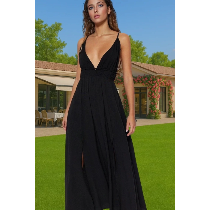Şık V Yaka Maxi Elbise Crinkle Dokuma Nefes Alan Yazlık Konforlu Kesim Zarifane Tasarım Modern Stil