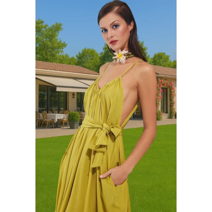 Şık V Yaka Maxi Plaj Elbisesi Bel Detayı Ile Viskoz Polyester Karışım Trend Tasarım