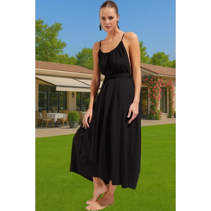 Şık V Yaka Maxi Plaj Elbisesi Bel Detayı Ile Viskoz Polyester Karışım Trend Tasarım