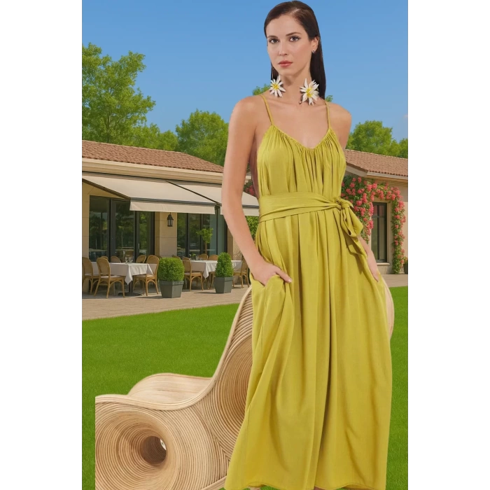 Şık V Yaka Maxi Plaj Elbisesi Bel Detayı Ile Viskoz Polyester Karışım Trend Tasarım