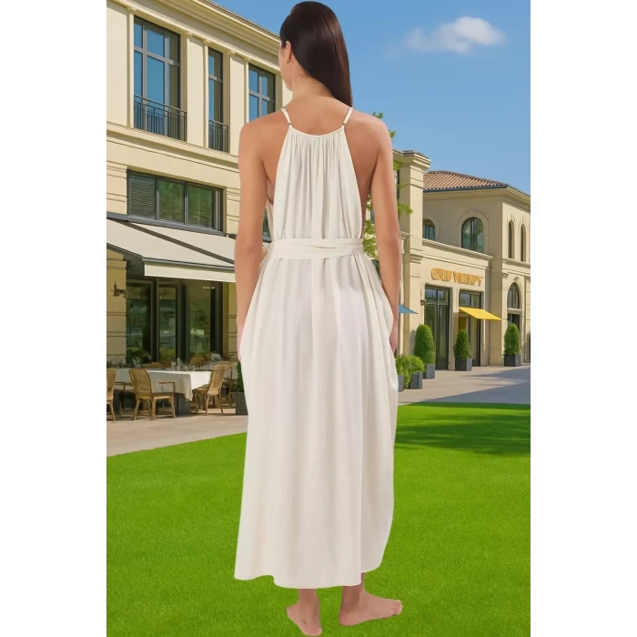 Şık V Yaka Maxi Plaj Elbisesi Bel Detayı Ile Viskoz Polyester Karışım Trend Tasarım