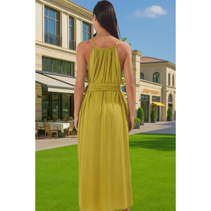 Şık V Yaka Maxi Plaj Elbisesi Bel Detayı Ile Viskoz Polyester Karışım Trend Tasarım