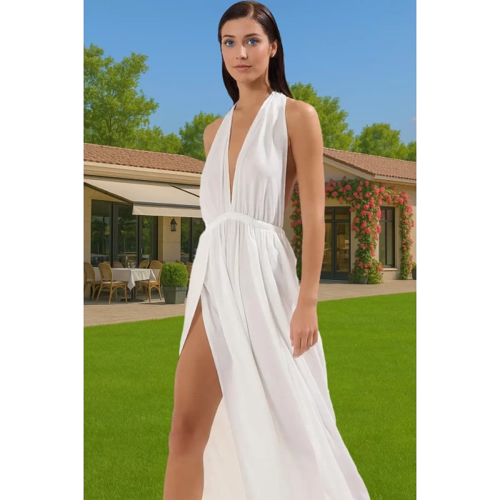 Şık V Yaka Maxi Plaj Elbisesi Rahat Kalıp Crinkle Dokuma Viskoz Kumaş Modern Stil Mükemmel Uyum