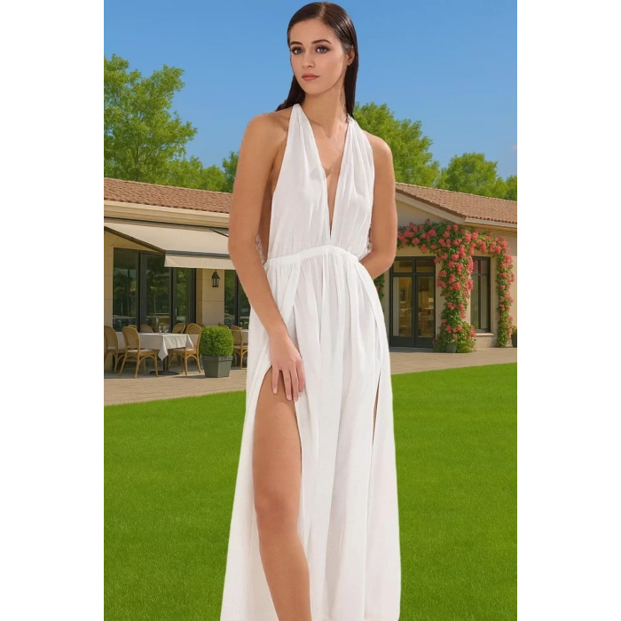 Şık V Yaka Maxi Plaj Elbisesi Rahat Kalıp Crinkle Dokuma Viskoz Kumaş Modern Stil Mükemmel Uyum