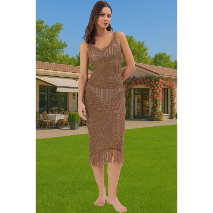 Şık V Yaka Maxi Triko Elbise Püskül Detay Yazlık Plaj Modası Kaliteli İşçilik Konforlu Kesim