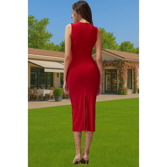 Şık V Yaka Midi Boy Örme Abiye Elbise Polyester Karışımlı Yazlık Özenle Seçilmiş Özel Tasarım