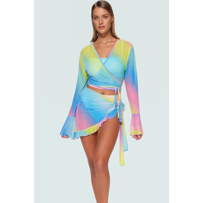 Şık V Yaka Örme Bluz Etek Plaj Takımı Yazlık Fitted Mesh Kumaş Kaliteli İşçilik Mükemmel Uyum