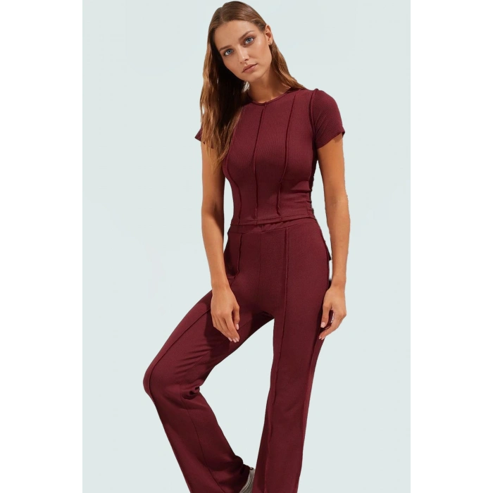 Şık ve Rahat Örme Kadın Takım Polyester Kaşkorse Kumaş İspanyol Paça Pantolon Yazlık Modern Stil