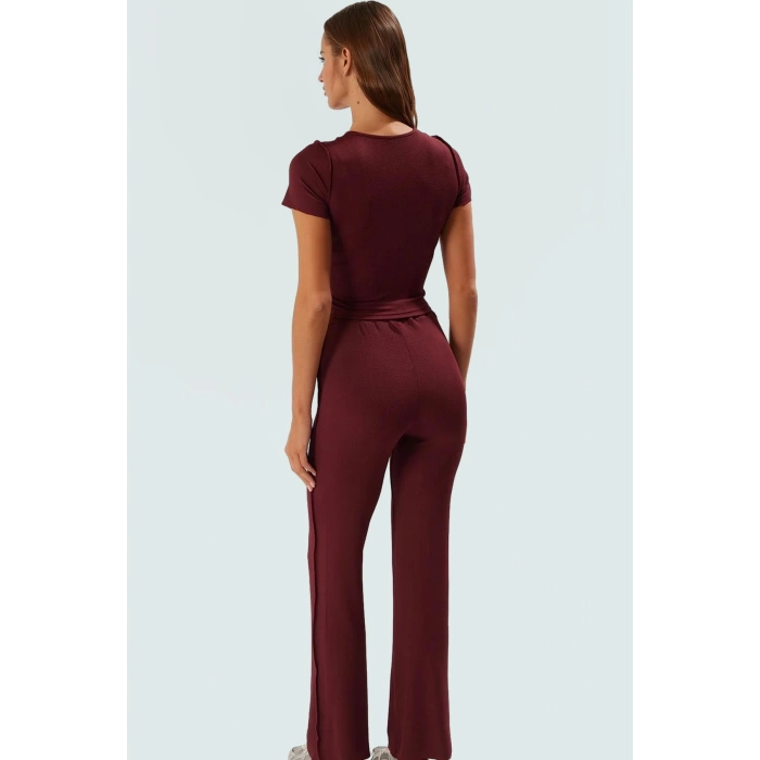 Şık ve Rahat Örme Kadın Takım Polyester Kaşkorse Kumaş İspanyol Paça Pantolon Yazlık Modern Stil