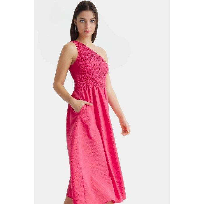 Şık ve Rahat Yazlık Midi Elbise Tek Omuz Polyester Kaliteli İşçilik Zarifane Tasarım
