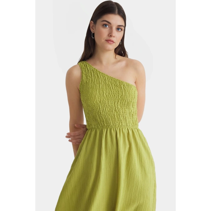 Şık ve Rahat Yazlık Midi Elbise Tek Omuz Polyester Kaliteli İşçilik Zarifane Tasarım
