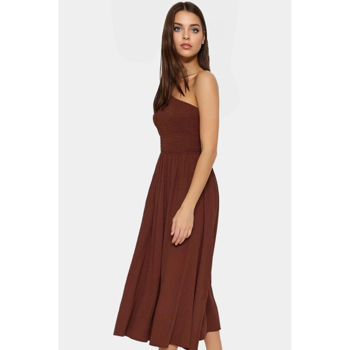 Şık ve Rahat Yazlık Midi Elbise Tek Omuz Polyester Kaliteli İşçilik Zarifane Tasarım