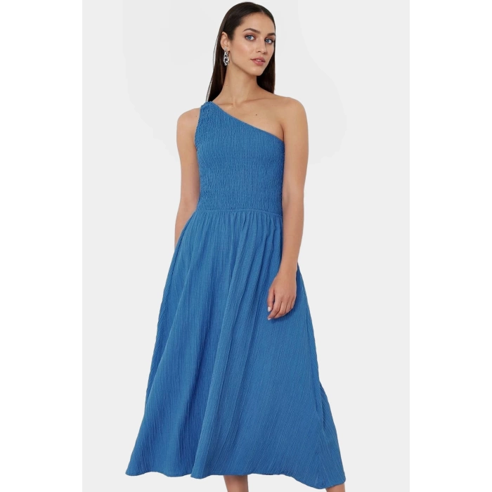 Şık ve Rahat Yazlık Midi Elbise Tek Omuz Polyester Kaliteli İşçilik Zarifane Tasarım
