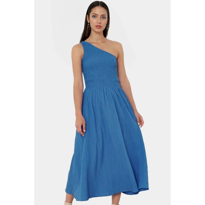 Şık ve Rahat Yazlık Midi Elbise Tek Omuz Polyester Kaliteli İşçilik Zarifane Tasarım
