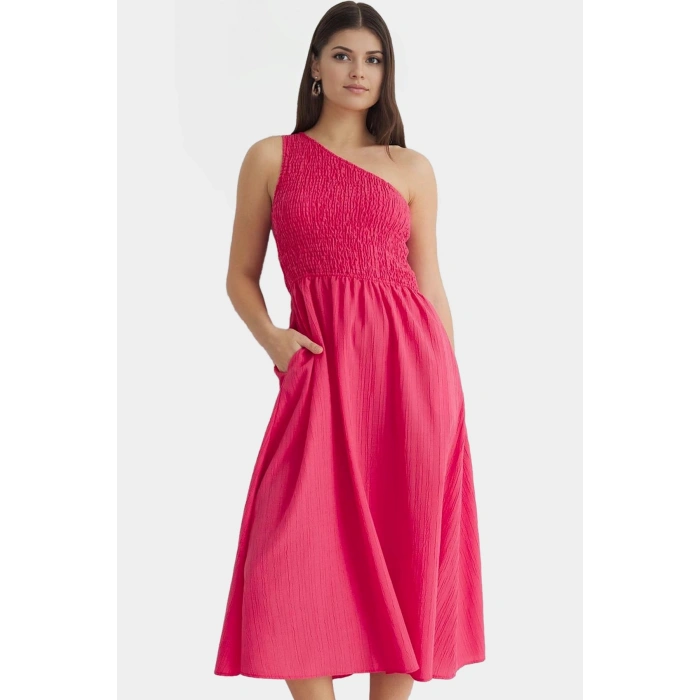 Şık ve Rahat Yazlık Midi Elbise Tek Omuz Polyester Kaliteli İşçilik Zarifane Tasarım