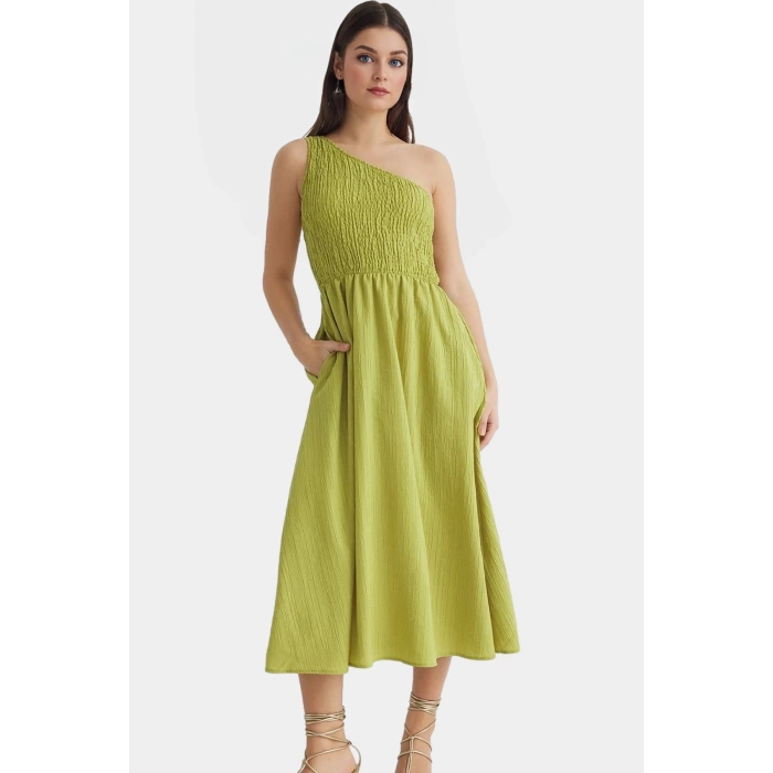 Şık ve Rahat Yazlık Midi Elbise Tek Omuz Polyester Kaliteli İşçilik Zarifane Tasarım
