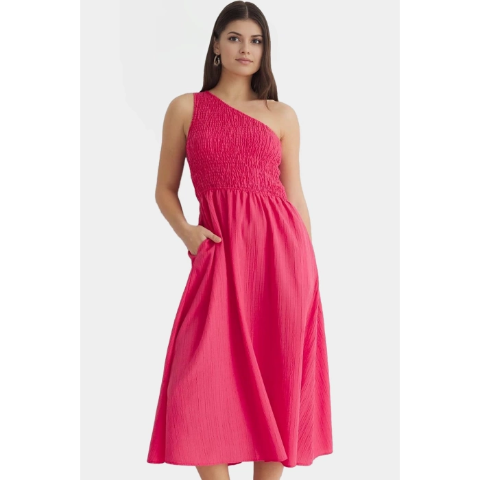 Şık ve Rahat Yazlık Midi Elbise Tek Omuz Polyester Kaliteli İşçilik Zarifane Tasarım