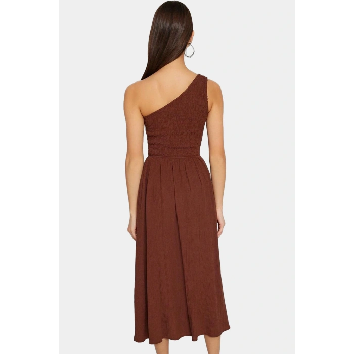 Şık ve Rahat Yazlık Midi Elbise Tek Omuz Polyester Kaliteli İşçilik Zarifane Tasarım